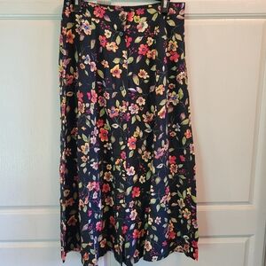 Vintage Sag Harbor Black Multicolor Floral Print Button Down Front Skirt